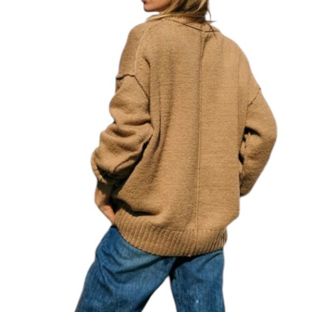 Free People Oversized Sweater Boho Cozy Brookside Slouchy Camel Tan Knit Size M - Picture 2 of 9